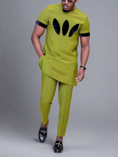 Green Embroidered Print Short Sleeve Men's Set