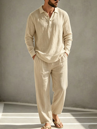 TACOHEAL Solid Long Sleeve Polo Men's Pants Set