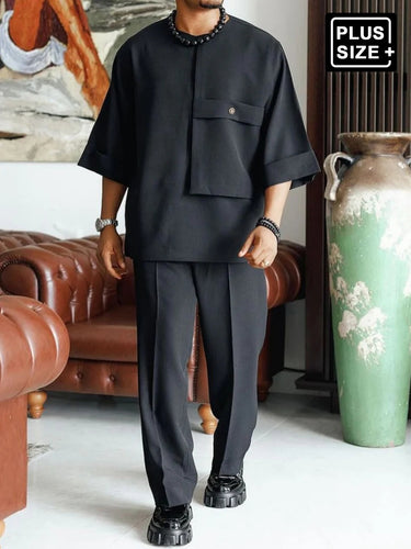 TACOHEAL Plus Size New Black Round Neck Men's Pants Set