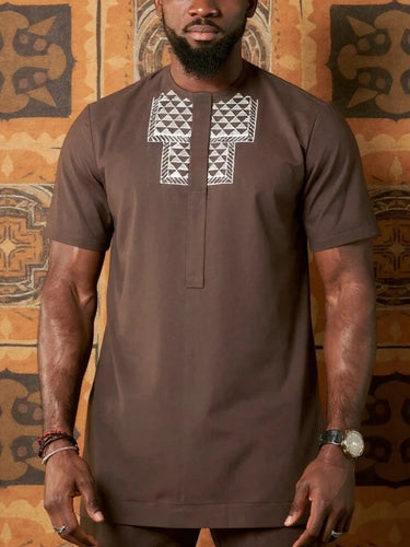 TACOHEAL Embroidered Brown Short Sleeve Men's Set