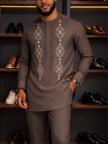 TACOHEAL Ethnic Embroidered Round Neck Men's Pants Set