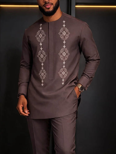 TACOHEAL Ethnic Embroidered Round Neck Men's Pants Set