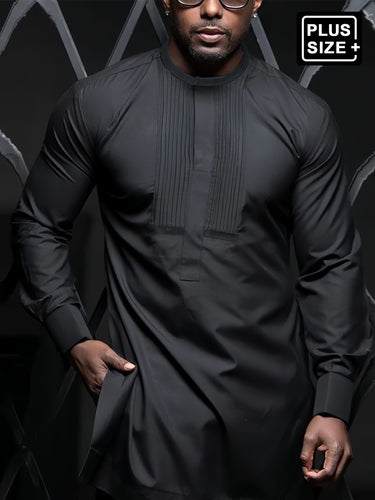 TACOHEAL Plus Size Pleated Black Long Sleeve Men's Set
