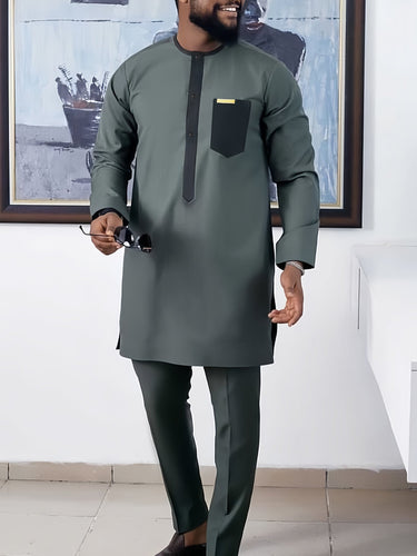 Colorblock Button Pocket Green Casual Set