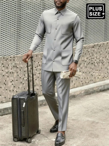 TACOHEAL Plus Size Long Sleeve Button Down Grey Men's Set