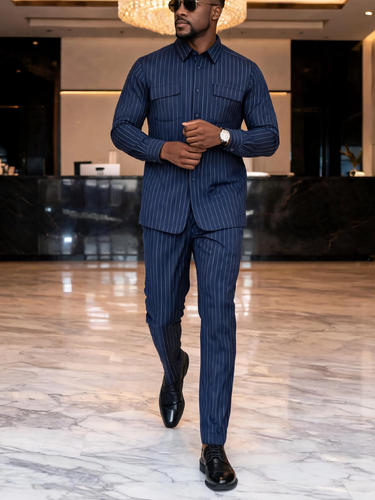 TACOHEAL Striped Print Long Sleeve Button Men's Set