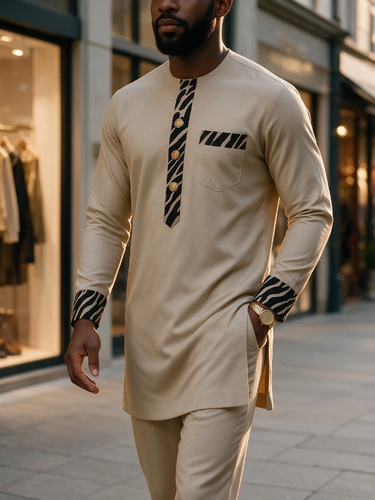 TACOHEAL Zebra Print Trims Round Neck Men's Set