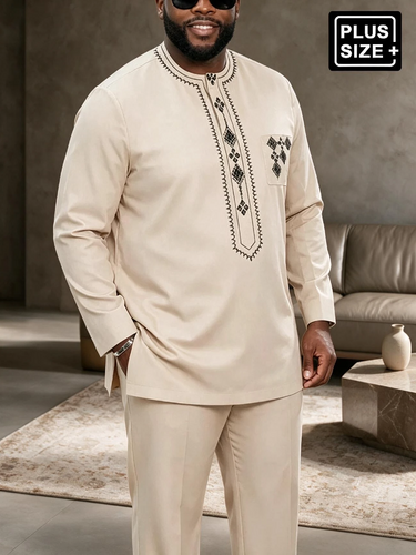 TACOHEAL Plus Size Embroidered Long Sleeve Men's Pants Set