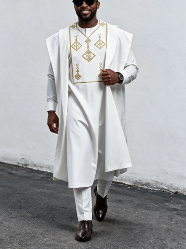 TACOHEAL Brown Embroidered 3-Piece Agbada Set For Men
