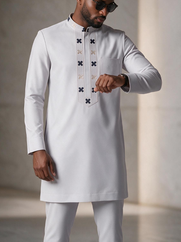 TACOHEAL Long Sleeve Mandarin Collar Embroidered Men's Set