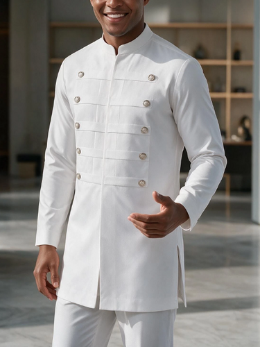 TACOHEAL Mandarin Collar Solid Long Sleeve Men's Set