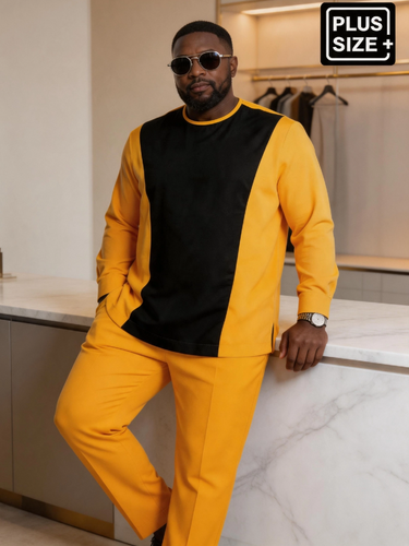 TACOHEAL Plus Size Casual Yellow Colorblock Long Sleeve Men's Set