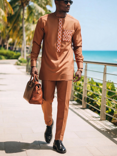 TACOHEAL Long Sleeve Geometry Embroidery Pocket Men's Set