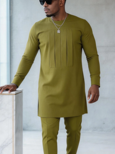 TACOHEAL Folded Chest Design Plain Green Men's Set