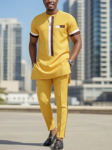 TACOHEAL Colorblock Print Short Sleeve Men's Casual Set