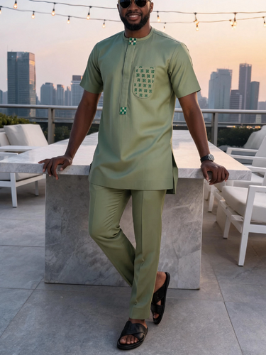 TACOHEAL Plant Embroidered Pocket Short Sleeve Men's Set