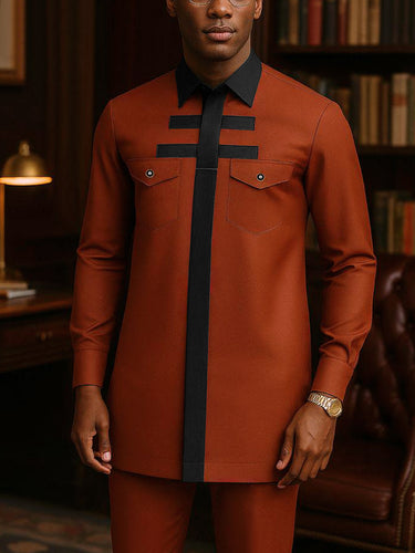 TACOHEAL Turndown Colorblock Long Sleeve Pocket Men's Set