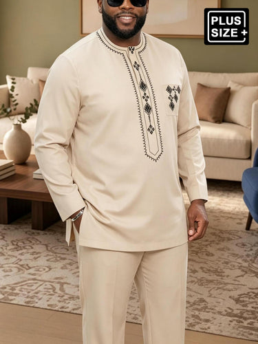 TACOHEAL Plus Size Embroidered Long Sleeve Men's Pants Set