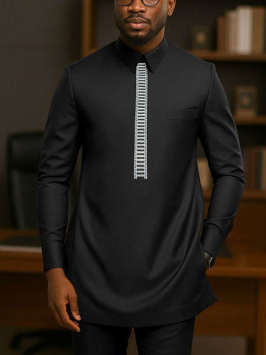 TACOHEAL Turndown Embroidered Long Sleeve Men's Pants Set