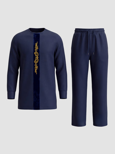 TACOHEAL Embroidered Round Neck Long Sleeve Men's Set