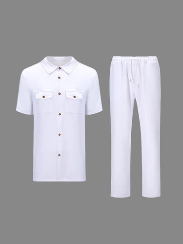 TACOHEAL New White Turndown Collar Pockets Pants Set