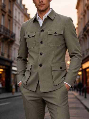 TACOHEAL Turndown Collar Men's Safari 2 Piece Suit
