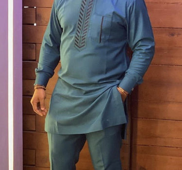 Plus Size African Men's Blue Embroidered Long Sleeve Set