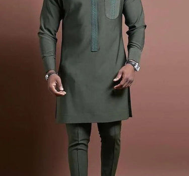 Plus Size African Casual Green Embroidered Men's Set