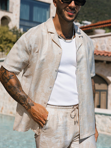 TACOHEAL Leaf Print Shirt Men's Shorts Set