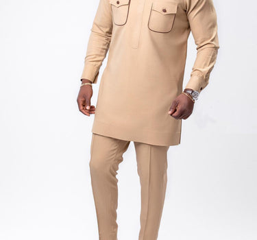 African Khaki Pockets Long Sleeve Men's Set