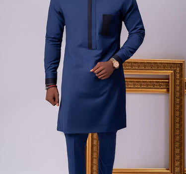 Plus Size African Blue Colorblock Pocket Men's Set