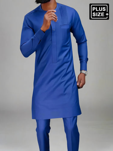TACOHEAL Plus Size Casual Plain Blue Pleated Long Sleeve Men's Set