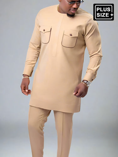 TACOHEAL Plus Size Casual Khaki Long Sleeve Pockets Men's Set