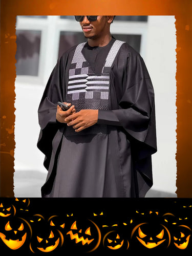 TACOHEAL Ethnic Embroidered Men's Black Agbada 3 Pieces Set