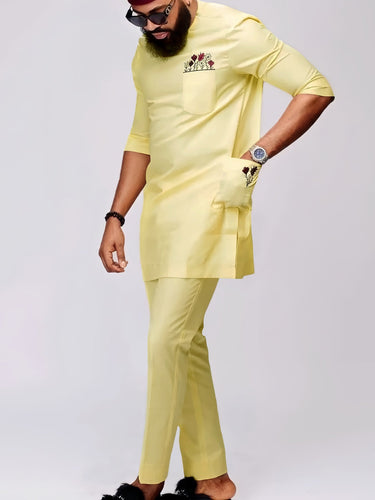 Embroidered Flower Yellow Men's Pant Set