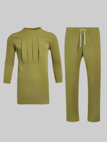 TACOHEAL Folded Chest Design Plain Green Men's Set