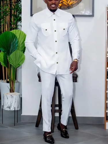 White Long Sleeve Button Down Men's Set