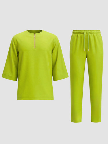 TACOHEAL Solid Round Neck Men's Pants Set