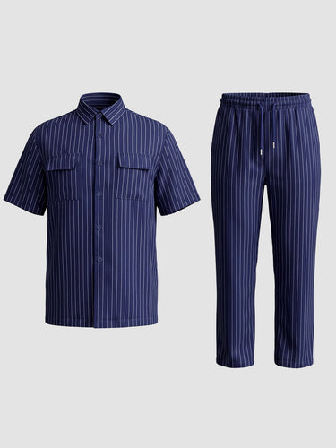 TACOHEAL Striped Print Short Sleeve Button Men's Set