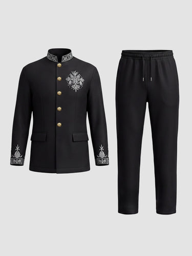 TACOHEAL Mandarin Collar Embroidered Long Sleeve Men's Set