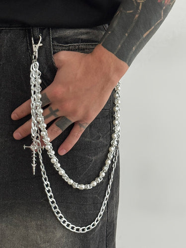 TACOHEAL Double Layer Cross Charm Pants Chain
