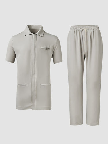 TACOHEAL Plus Size Turndown Collar Zipper Men's Set