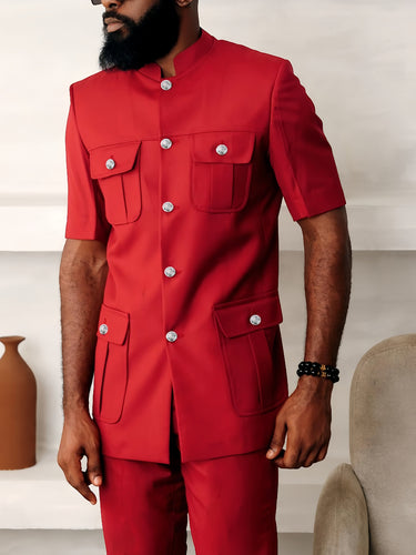 Solid Short Sleeve Button Down Men's Set