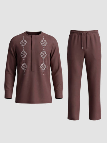 TACOHEAL Ethnic Embroidered Round Neck Men's Pants Set