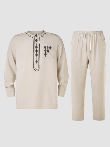 TACOHEAL Plus Size Embroidered Long Sleeve Men's Pants Set