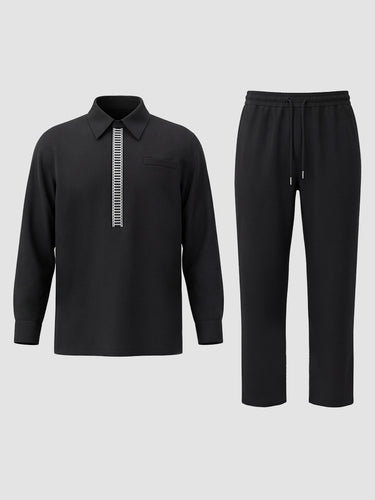 TACOHEAL Turndown Embroidered Long Sleeve Men's Pants Set