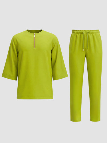TACOHEAL Solid Round Neck Men's Pants Set