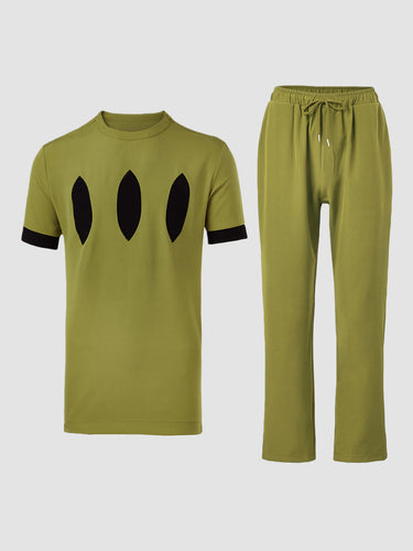 TACOHEAL Green Embroidered Print Short Sleeve Men's Set