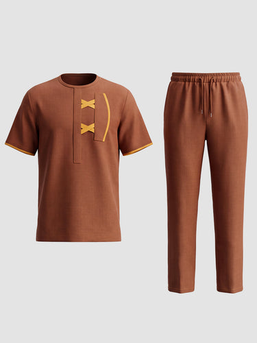 TACOHEAL Colorblock Round Neck Men's Pants Set