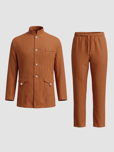 TACOHEAL Striped Print Mandarin Collar Long Sleeve Men's Set